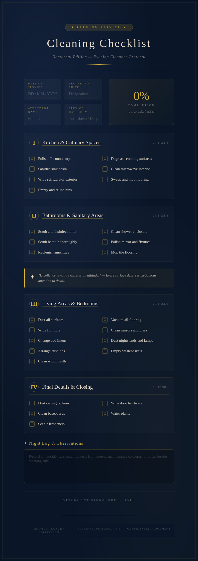 Midnight luxury cleaning checklist